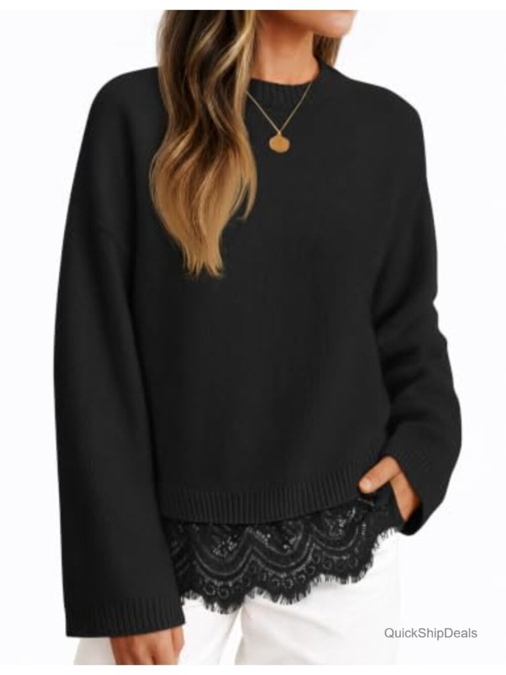 Lace Trim Pullover Sweater Crew Neck Drop Shoulder Long Sleeve Knit Top